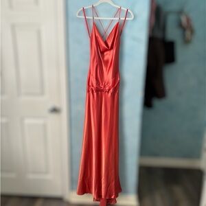 Cache Vintage Elegant Coral Red Dress with Cowl Neck & Cross low Back